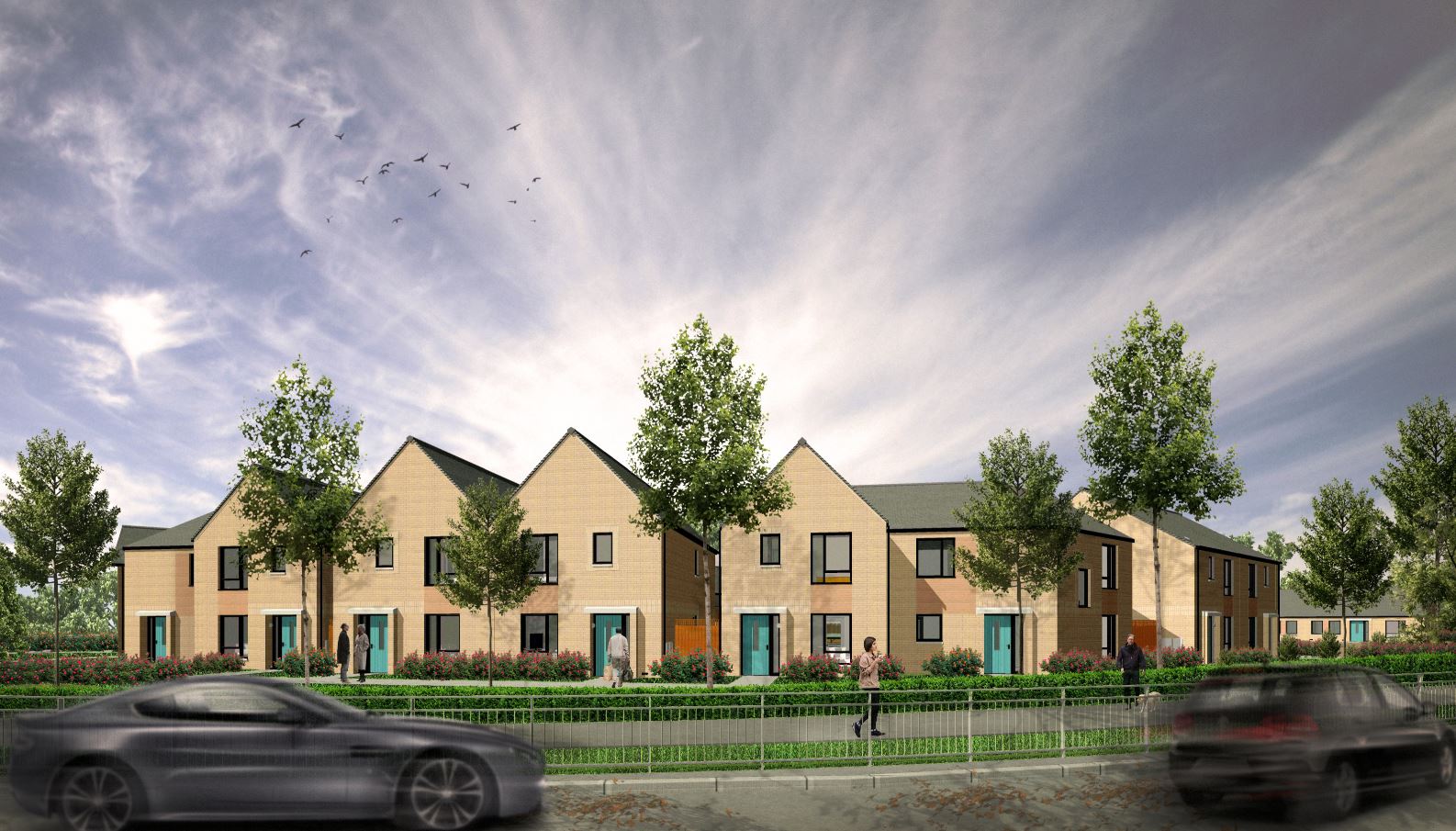 CGI of the Westdale development. Front view of the modern two-storey homes with greenery and trees scattered in the forefront and a beam of sunshine emerging behind the rooves.