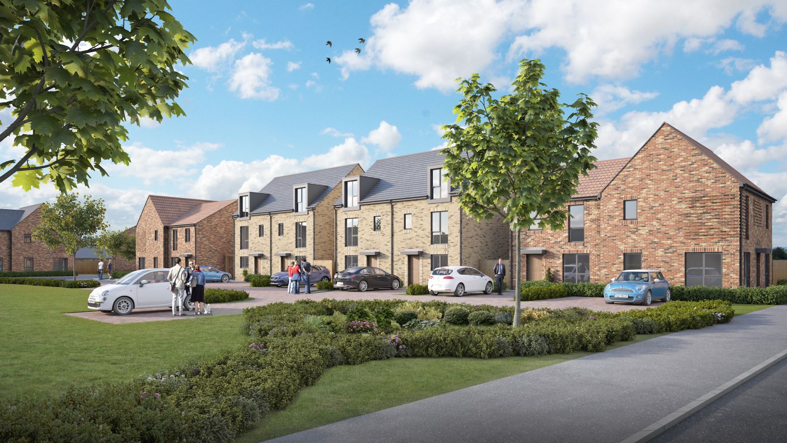 CGI of the Hillside Gardens development. Several 2 storey houses in a row with car park spaces and greenery in the foreground.