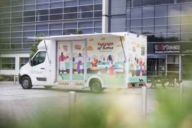 Mobile touchpoint van outside Thirteen's head office